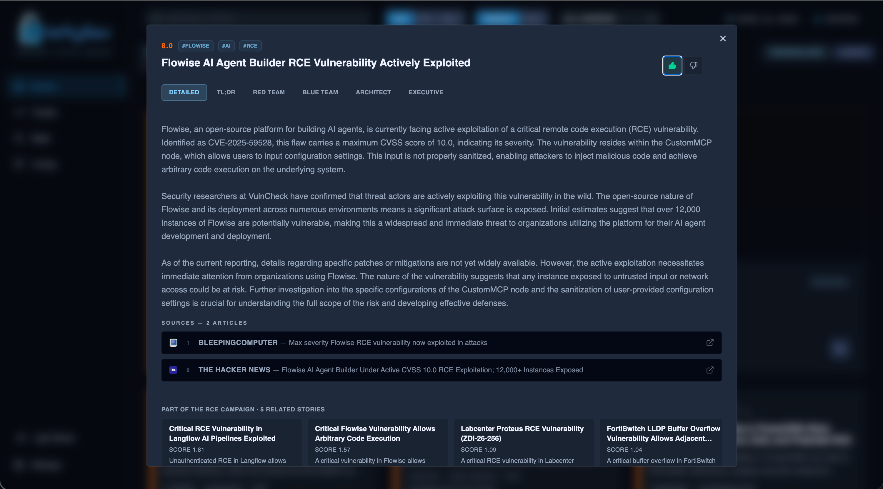 BrieflySec story modal showing detailed AI-generated technical analysis of a cybersecurity vulnerability