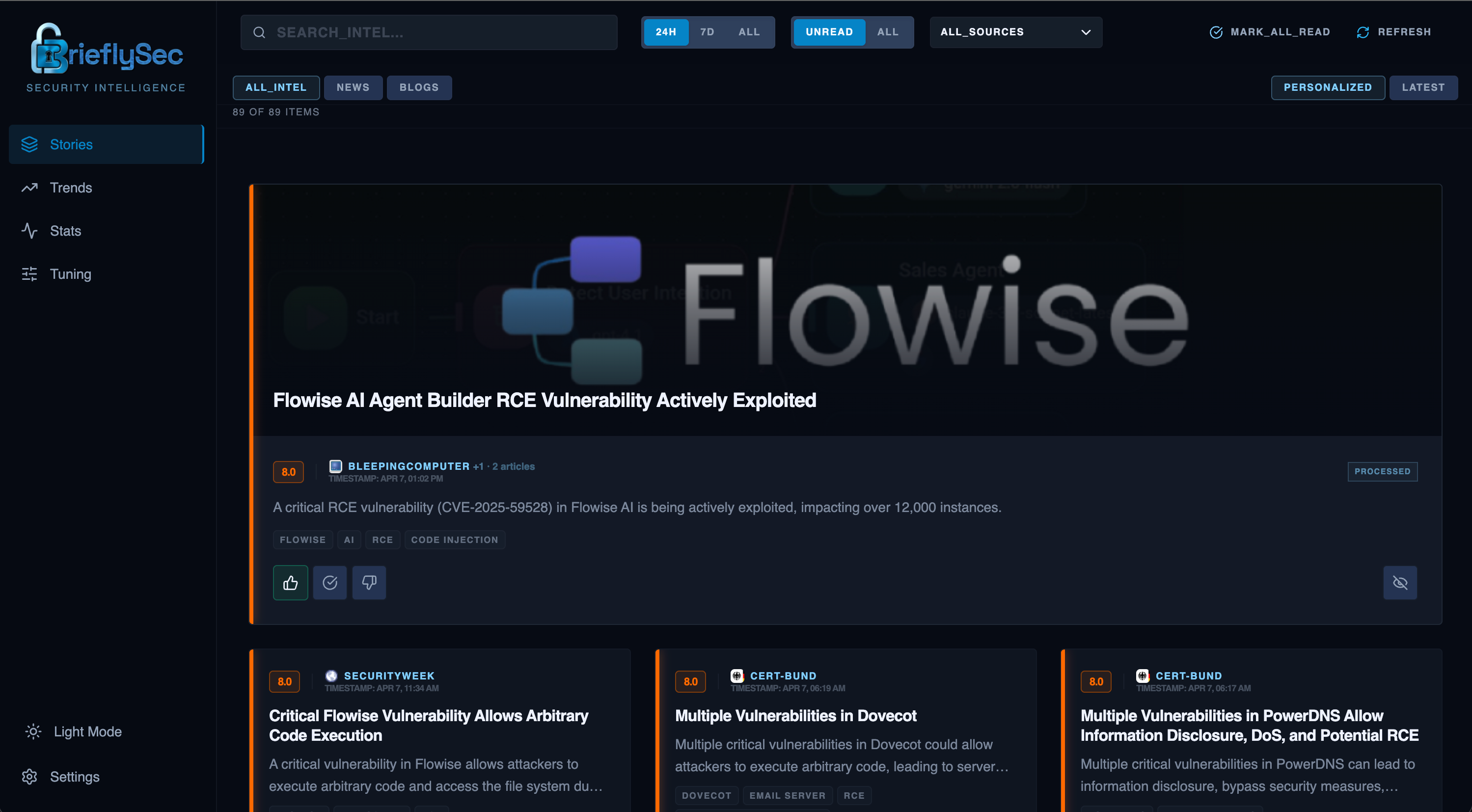 BrieflySec security intelligence feed showing AI-scored stories, upvote/downvote controls, and clustered campaign stories