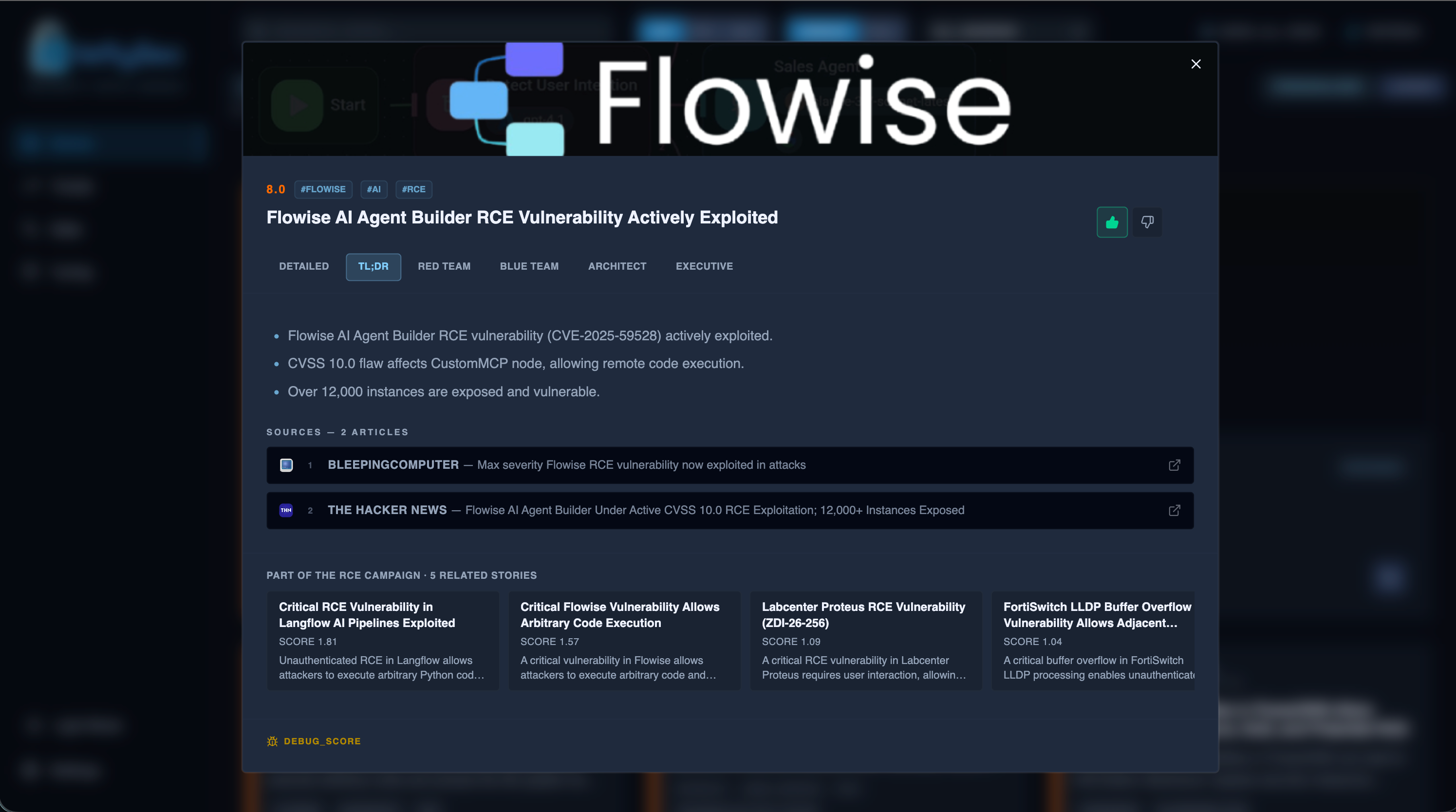 BrieflySec story modal showing TL;DR summary with bullet points, sources, and related campaign stories