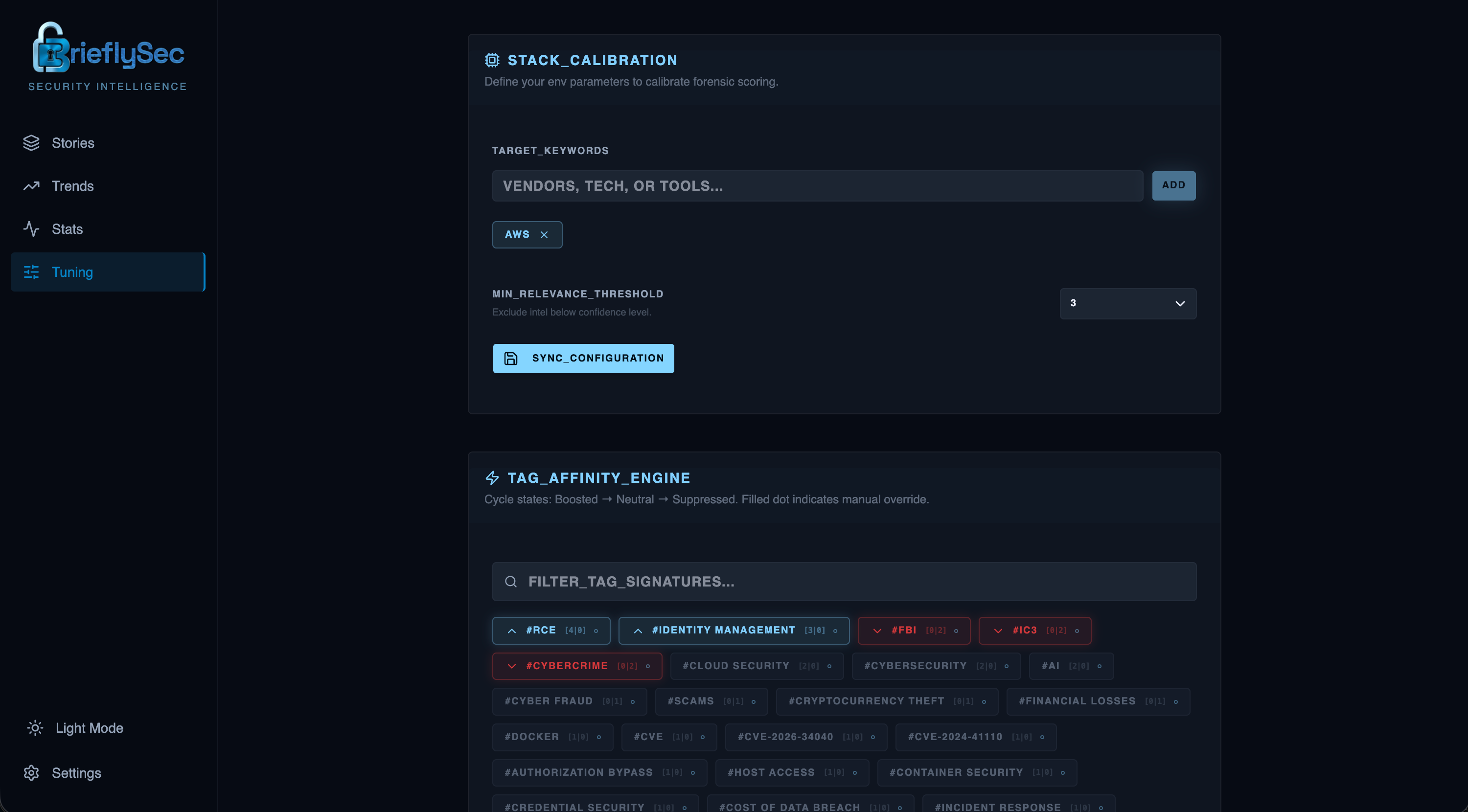 BrieflySec tuning page showing stack calibration with target keywords and the tag affinity engine with boosted and suppressed tags